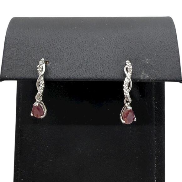 Natural Red Ruby Diamond Dangle Earrings 925 Sterling Silver - Picture 4 of 5
